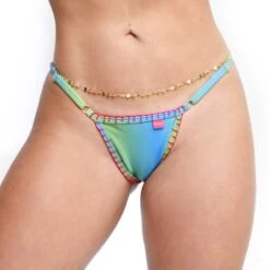 Aurora Gradient Blue-Green Micro Bikini With Artisan Crochet Trim -Hot Bikini Sexy Shop Aurora Crochet Micro Bikini Side Adjustable V String FRONT by Oh Lola Swimwear