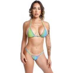 Aurora Gradient Blue-Green Micro Bikini With Artisan Crochet Trim