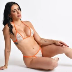 Caribbean Heat White Mesh Micro Bikini With Orange Straps -Hot Bikini Sexy Shop Caribbean Heat Sheer Bikini by Oh Lola Swimwear Full