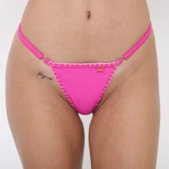 Lola’s Spell Pink Micro Bikini With Crochet White Trim -Hot Bikini Sexy Shop Lolas Spell Crochet Micro Bikini by Oh Lola Swimwear Side Adjustable V String Front