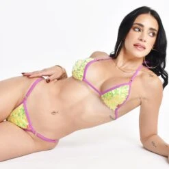 Mystic Neon Yellow Sequin Micro Bikini With Violet Straps 9 Mystic Neon Yellow Sequin Micro Bikini With Violet Straps -Hot Bikini Sexy Shop Mystic Orchid Micro Bikini Side View