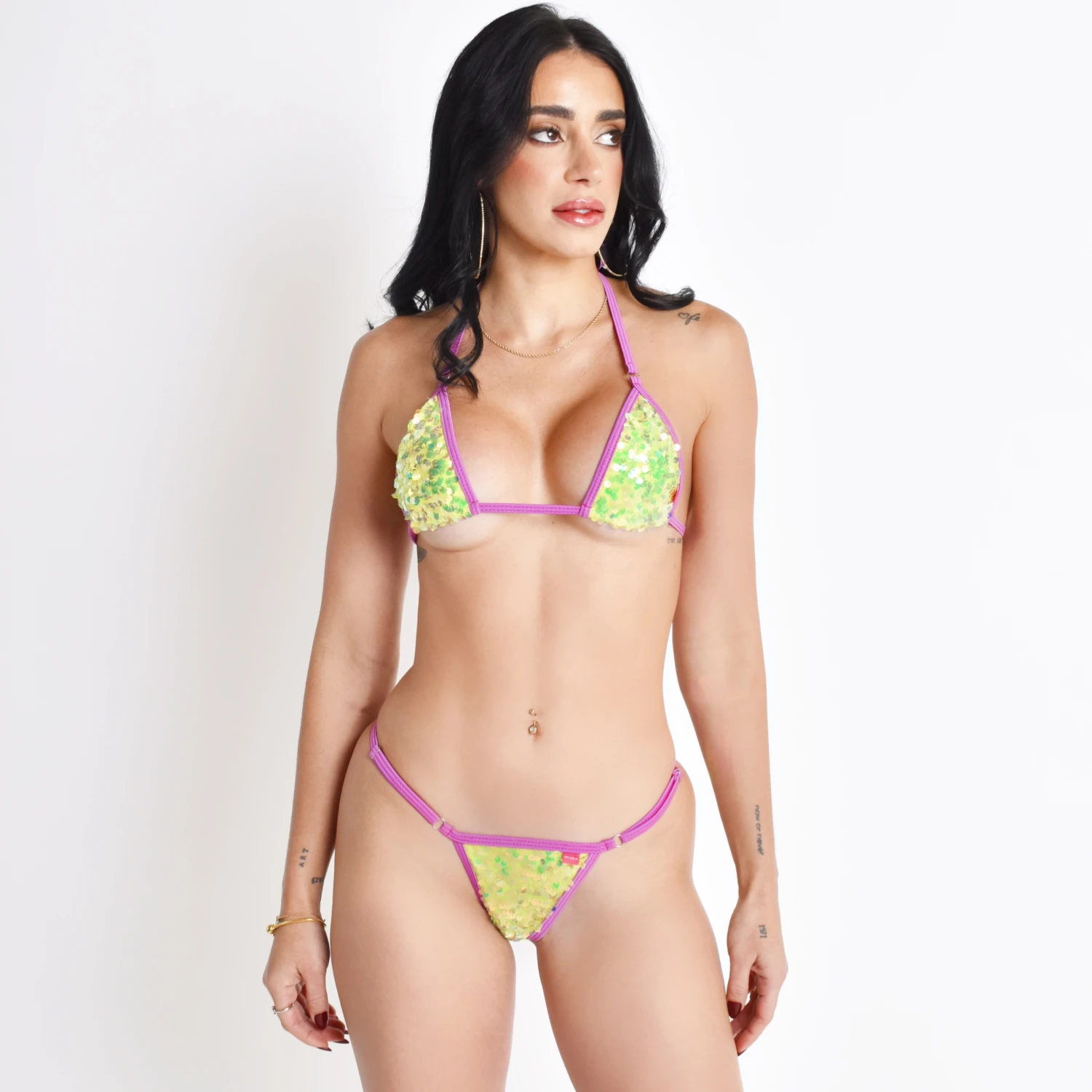 Mystic Neon Yellow Sequin Micro Bikini With Violet Straps 1 Mystic Neon Yellow Sequin Micro Bikini With Violet Straps