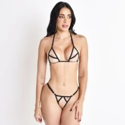 Sheer Nude Micro Bikini With Black Straps
