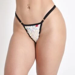 Pacific Pearl White Sequin Micro Bikini With Black Straps 7 Pacific Pearl White Sequin Micro Bikini With Black Straps -Hot Bikini Sexy Shop Pacific Pearl Micro Bikini Side Adjustable V String Frontal view