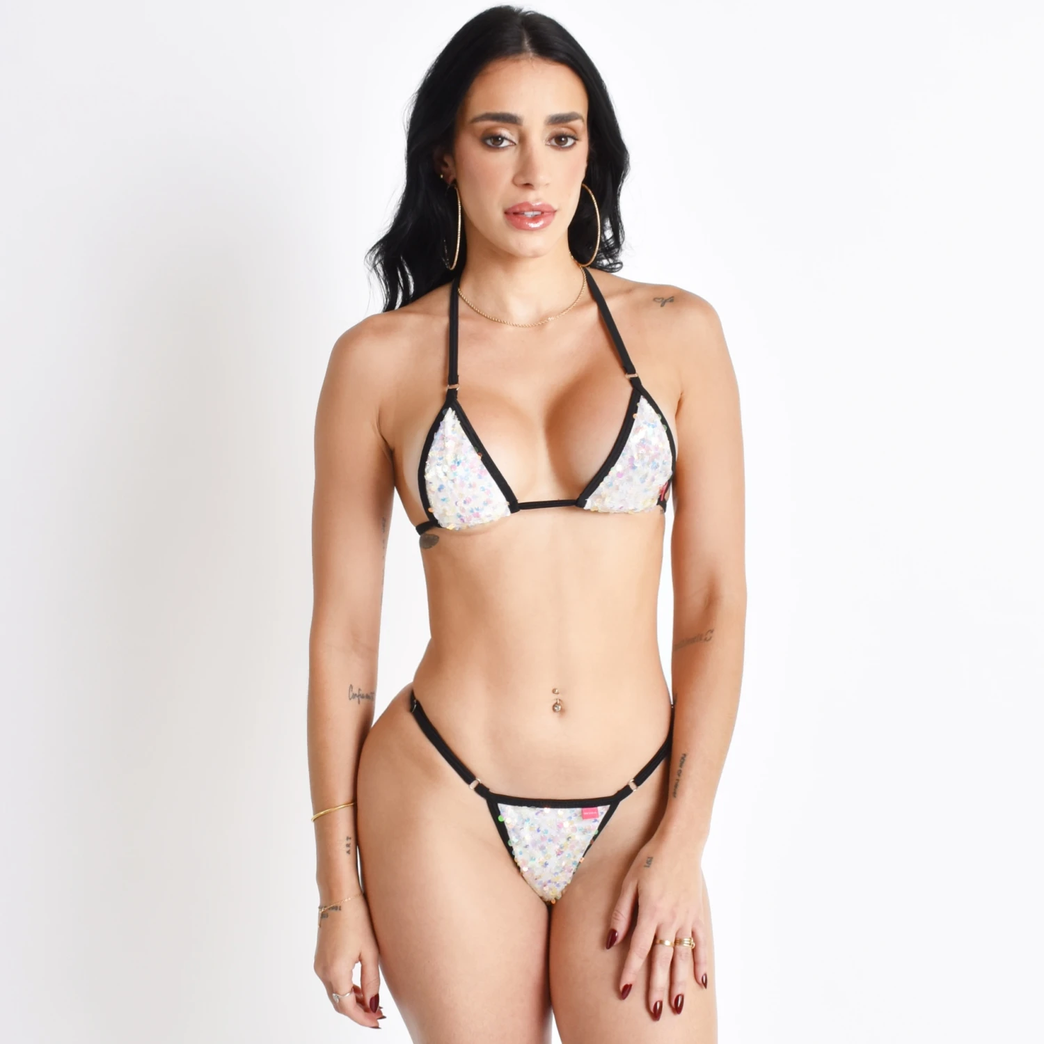 Pacific Pearl White Sequin Micro Bikini With Black Straps 1 Pacific Pearl White Sequin Micro Bikini With Black Straps