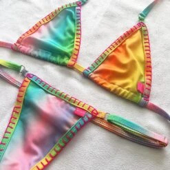 Rainbow Tie-dye Micro Bikini With Handcrafted Crochet Edges -Hot Bikini Sexy Shop Rainbow Bikini by OH LOLA SWIMWEAR