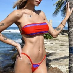 Mirage Red Bandeau Designer Bikini With Sheer Mesh Details