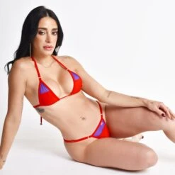 Mirage Red Micro Bikini With Sheer Purple Mesh Panels -Hot Bikini Sexy Shop Sunset Mirage Micro Bikini with Side Adjustable V String Bottom by Oh Lola